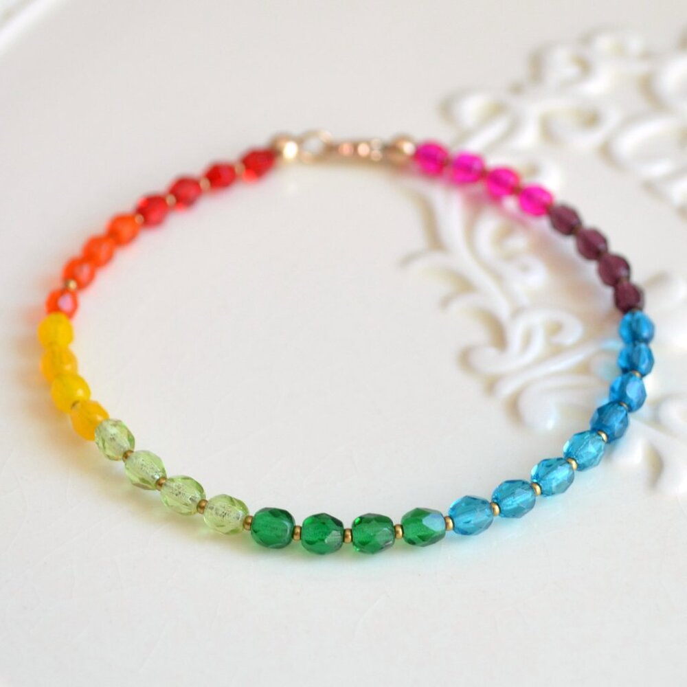 Rainbow Glass Beaded Bracelet with Gold Clasp